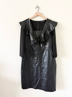 NWT Eloquii Black Faux Leather Sheath Dress 18 Ruffle Long Sleeve Edgy Chic